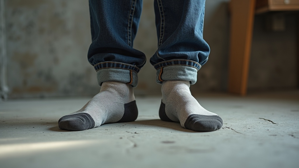 Asymmetric sock sliding on worker's feet, one sock lower than the other