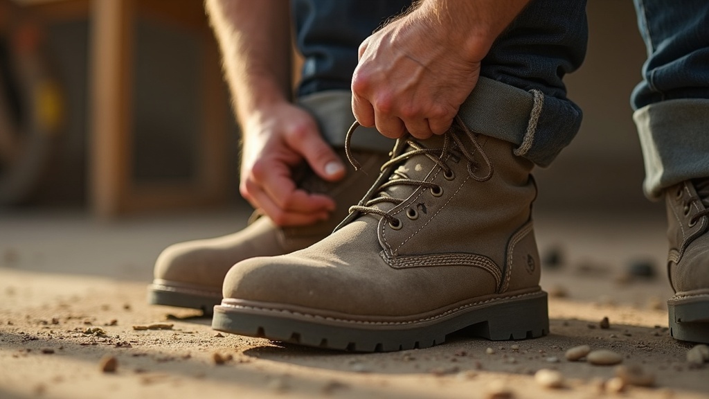 Worker pulling work sock over boot on a jobsite