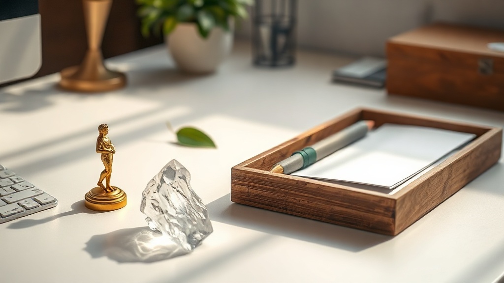 Feng shui office desk with intentional symbolic objects: golden figurine, crystal, and green plant