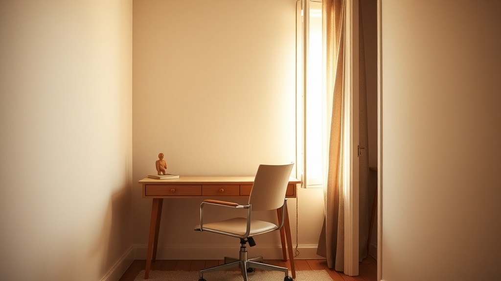 Home office desk in command position facing doorway with solid wall support behind chair