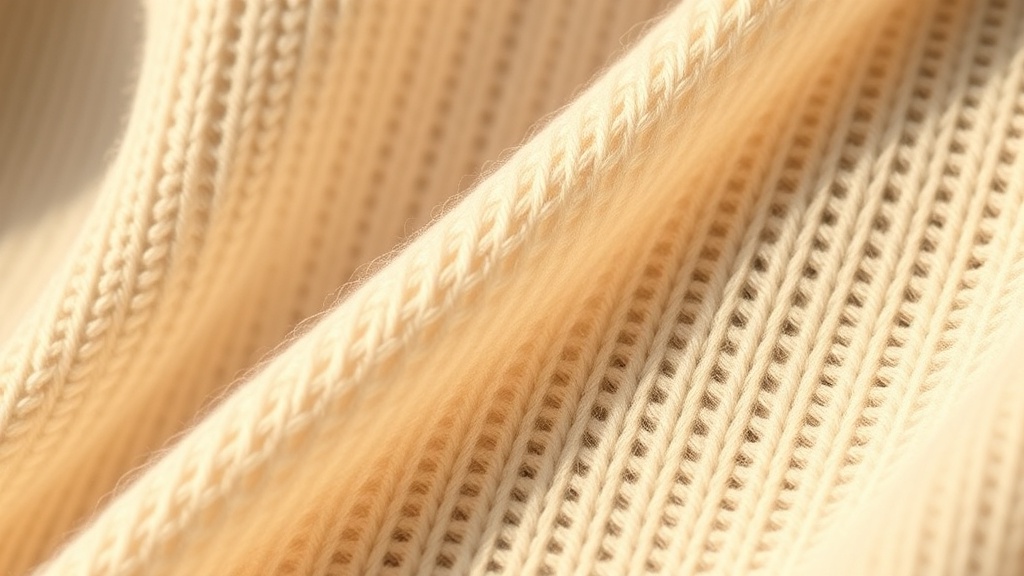 Close-up of two-ply ivory cashmere knit fabric showing the rib structure and fiber texture