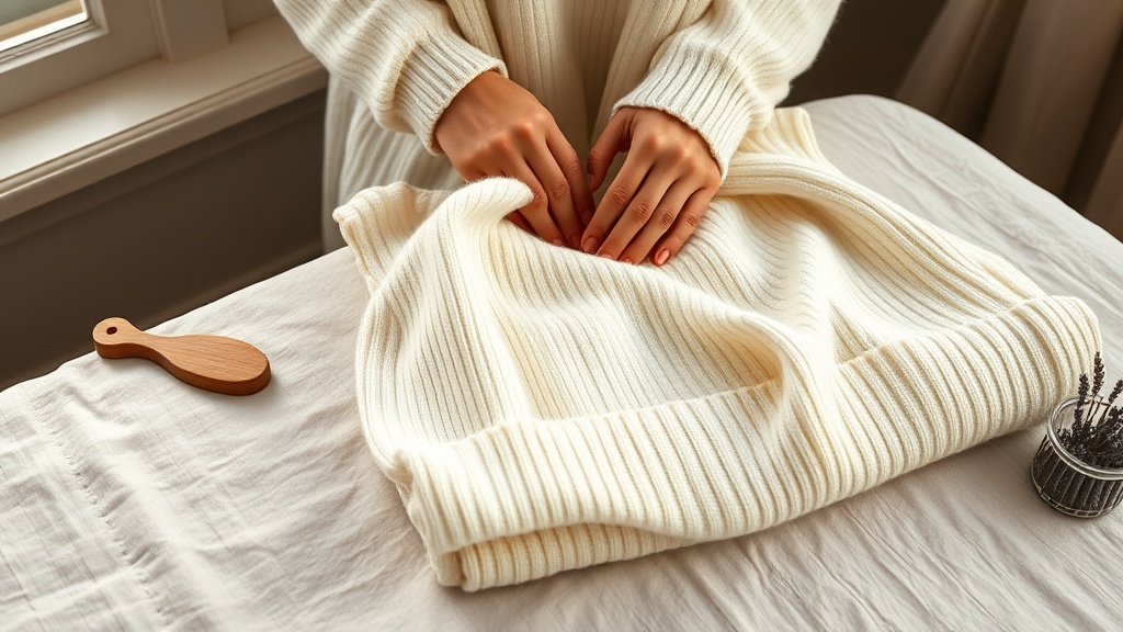 Hands folding an oversized cashmere sweater on a linen surface next to a fabric brush and cedar block