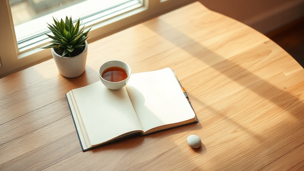 Minimalist feng shui office desk with plant, notebook, and ceramic cup in warm natural light