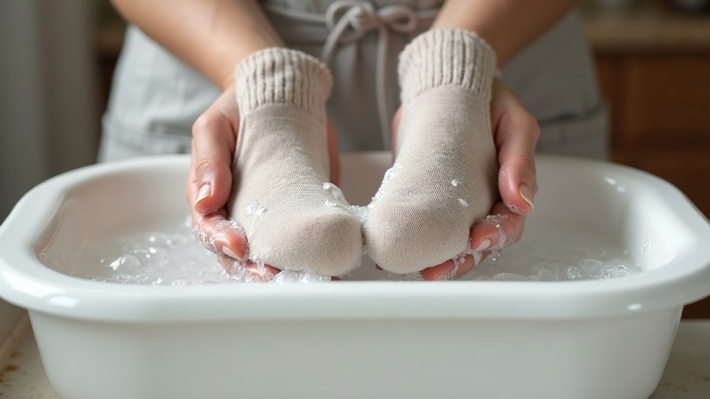 Hand washing merino work socks in a basin