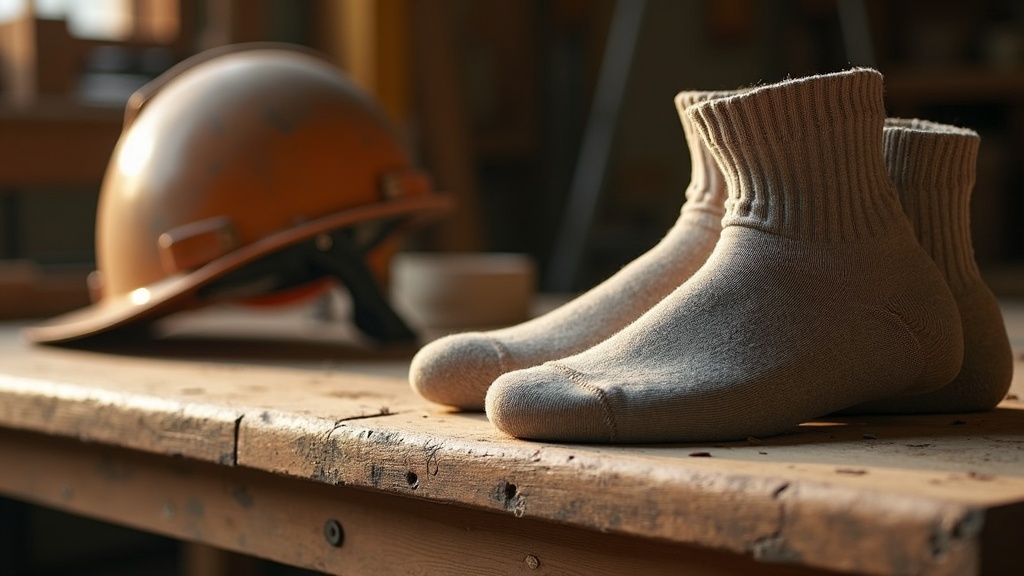 Bamboo merino work socks on a workbench next to a hard hat