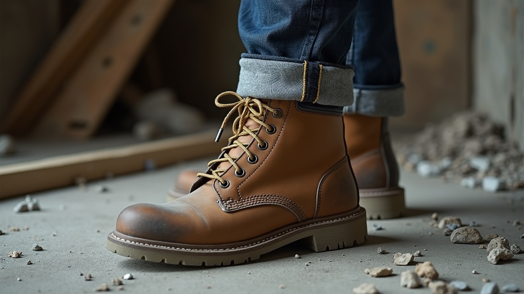Over-the-calf work sock visible above a steel-toe construction boot