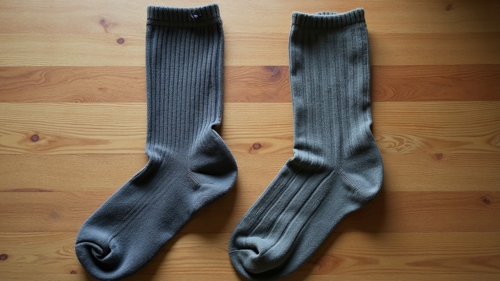 Worn vs. fresh work socks comparison showing wear patterns at heel and toe