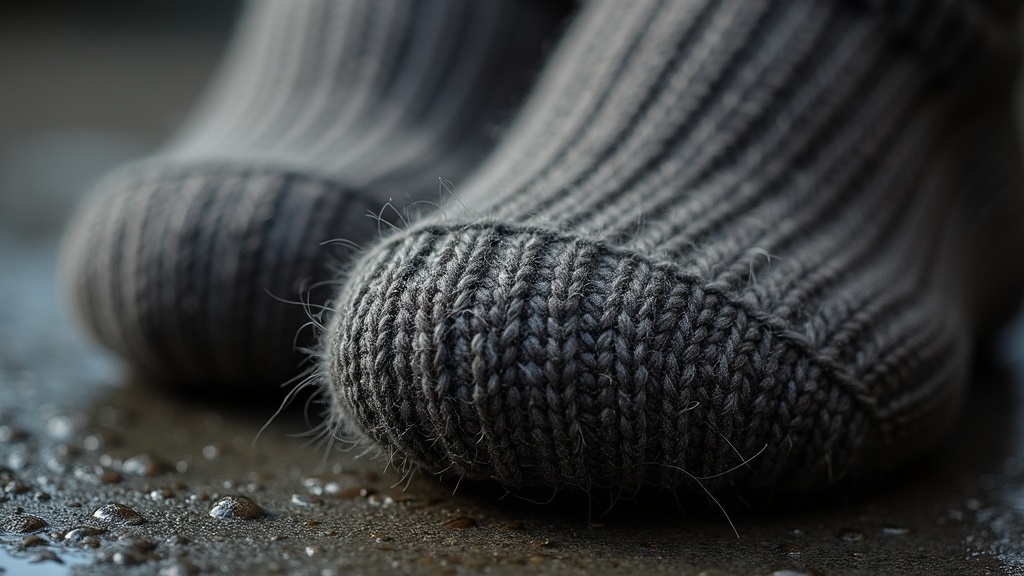 Close-up of merino wool work sock fabric showing tight moisture-wicking weave