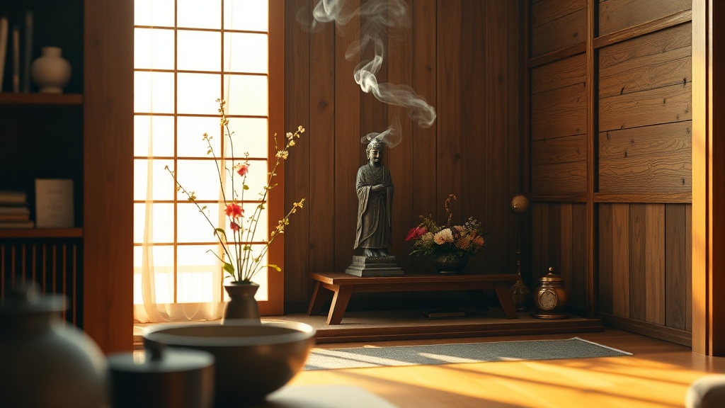 Autel bouddhiste simple avec statue et encens, atmosphère de recueillement zen