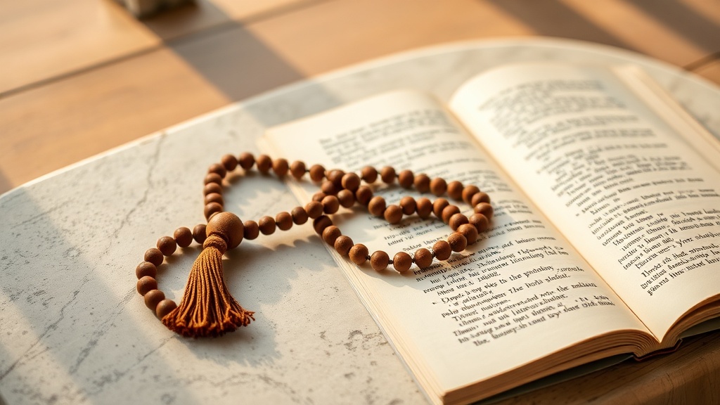 Mala tibétain en bois posé près d'un manuscrit bouddhiste, outils de pratique contemplative