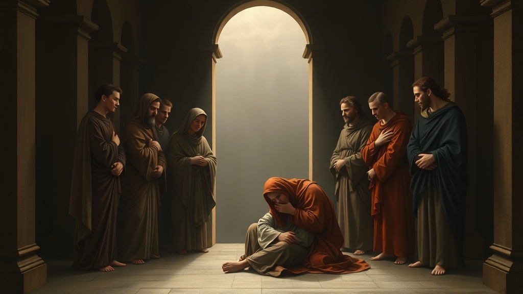 A contemplative scene of sorrow, compassion, and silent comfort