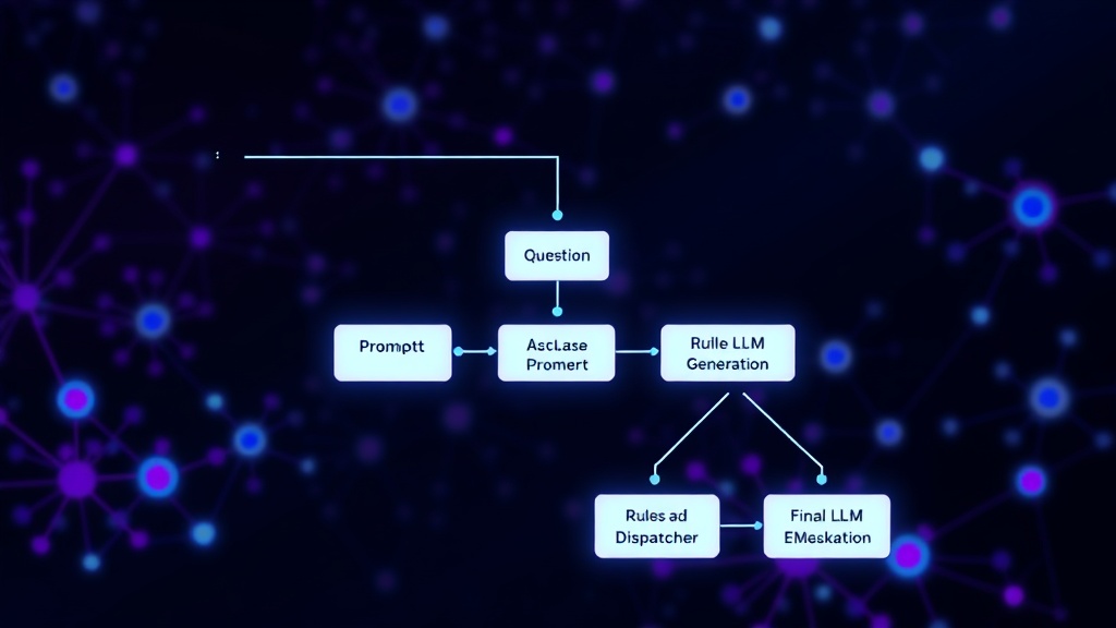 Diagram showing the flow from question to base prompt, rules, and dispatcher to final LLM generation
