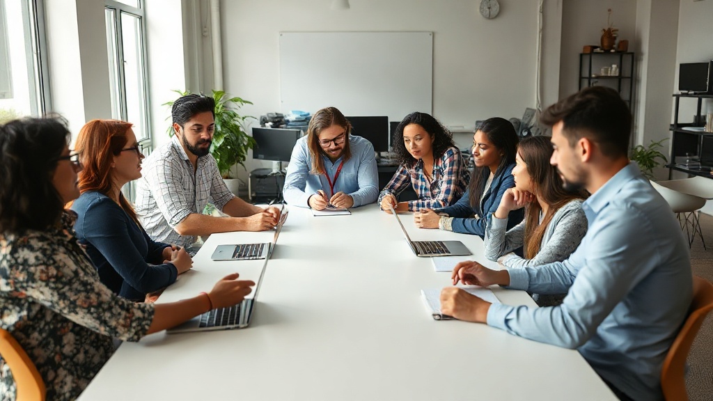 A diverse group of AI researchers and ethicists collaborating around a table