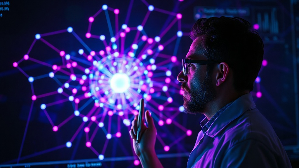 Scientist analyzing complex data visualizations generated by machine learning models.