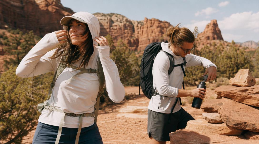 Moisture wicking hiking shirts on trail with sun protection