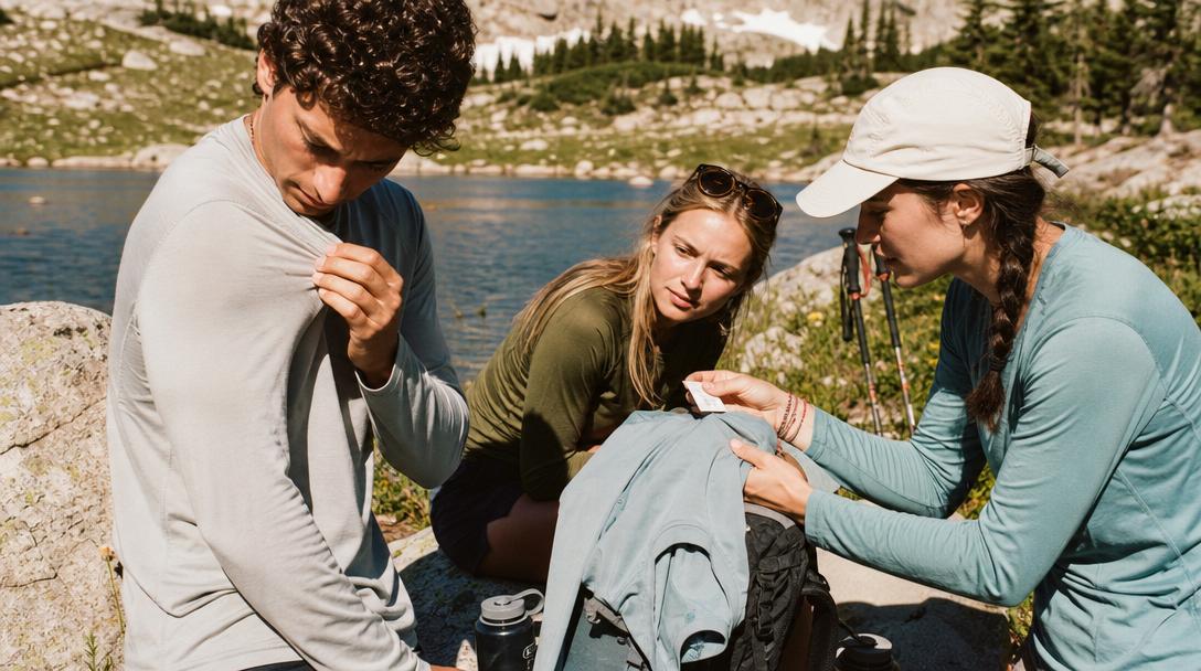 Person repairing hiking shirt with needle and thread