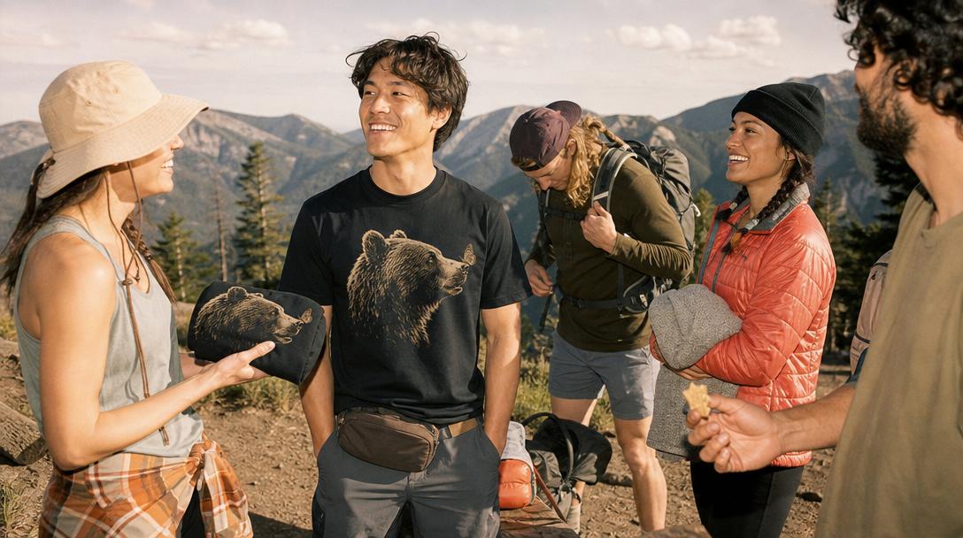 Hiker inspecting hiking shirt fabric and seams