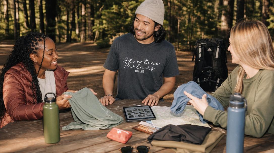 Various hiking t-shirts displayed on a rack