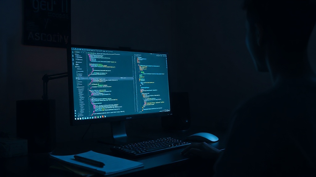 A solo developer's desk at night, illuminated by monitor glow, with code and documents visible
