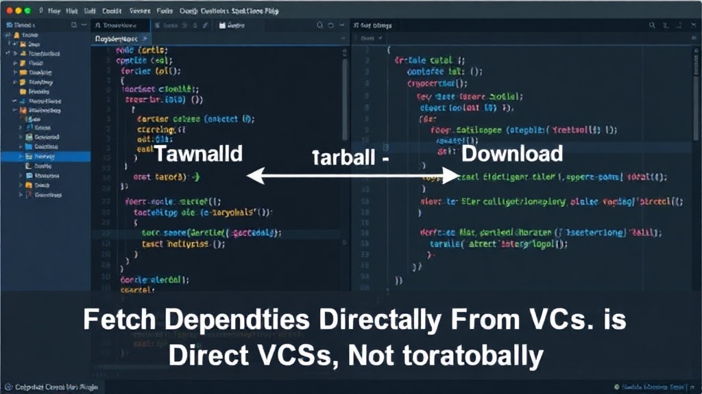 Diagram comparing tarball download flow versus direct VCS clone for dependency management