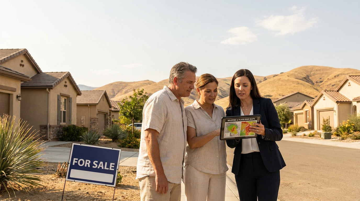 A young couple with a real estate agent standing on a dry, sunbaked suburban street in the Southwest