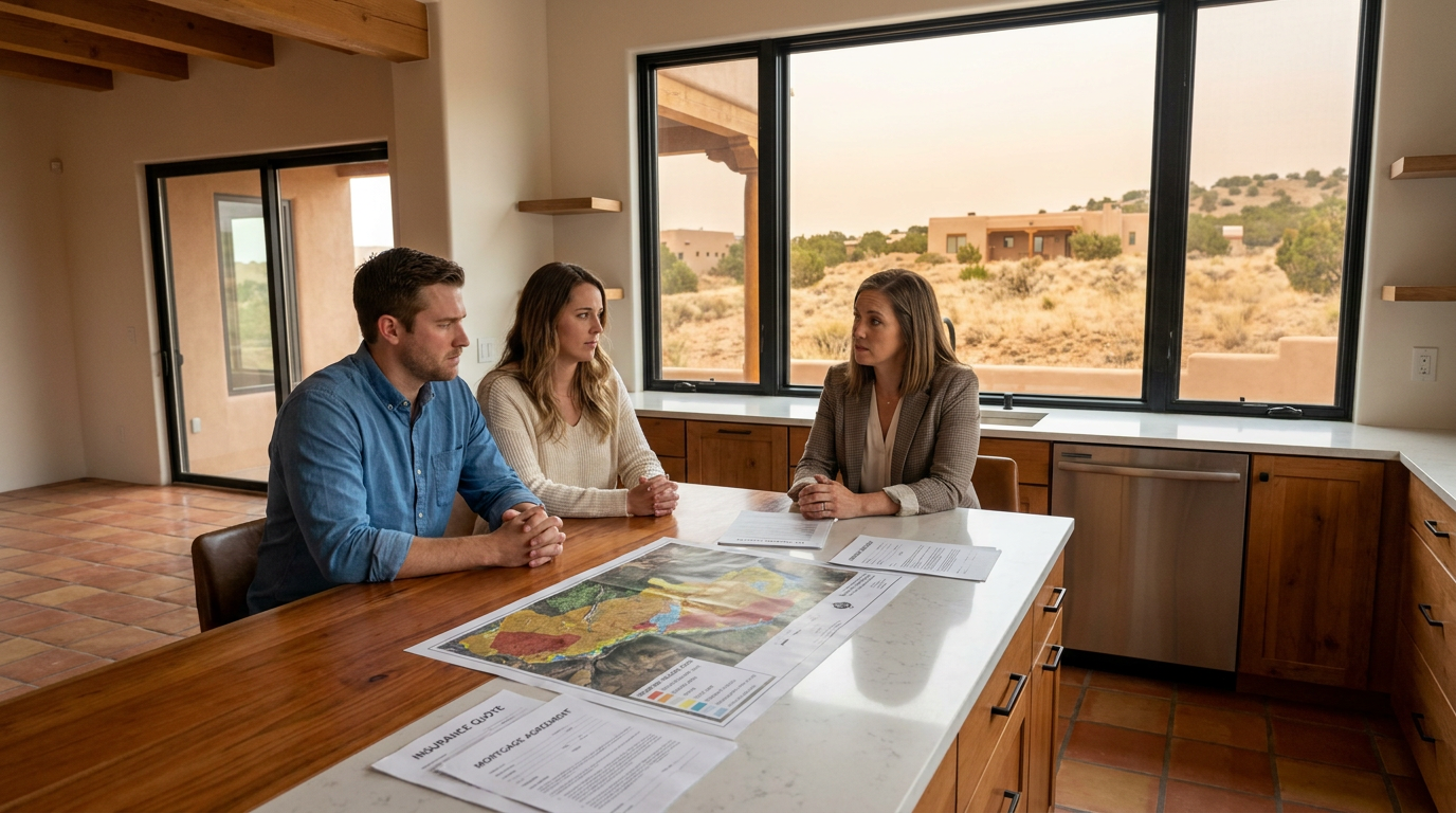 Young couple with a real estate agent at a kitchen island in a Southwest-style home, reviewing a pri