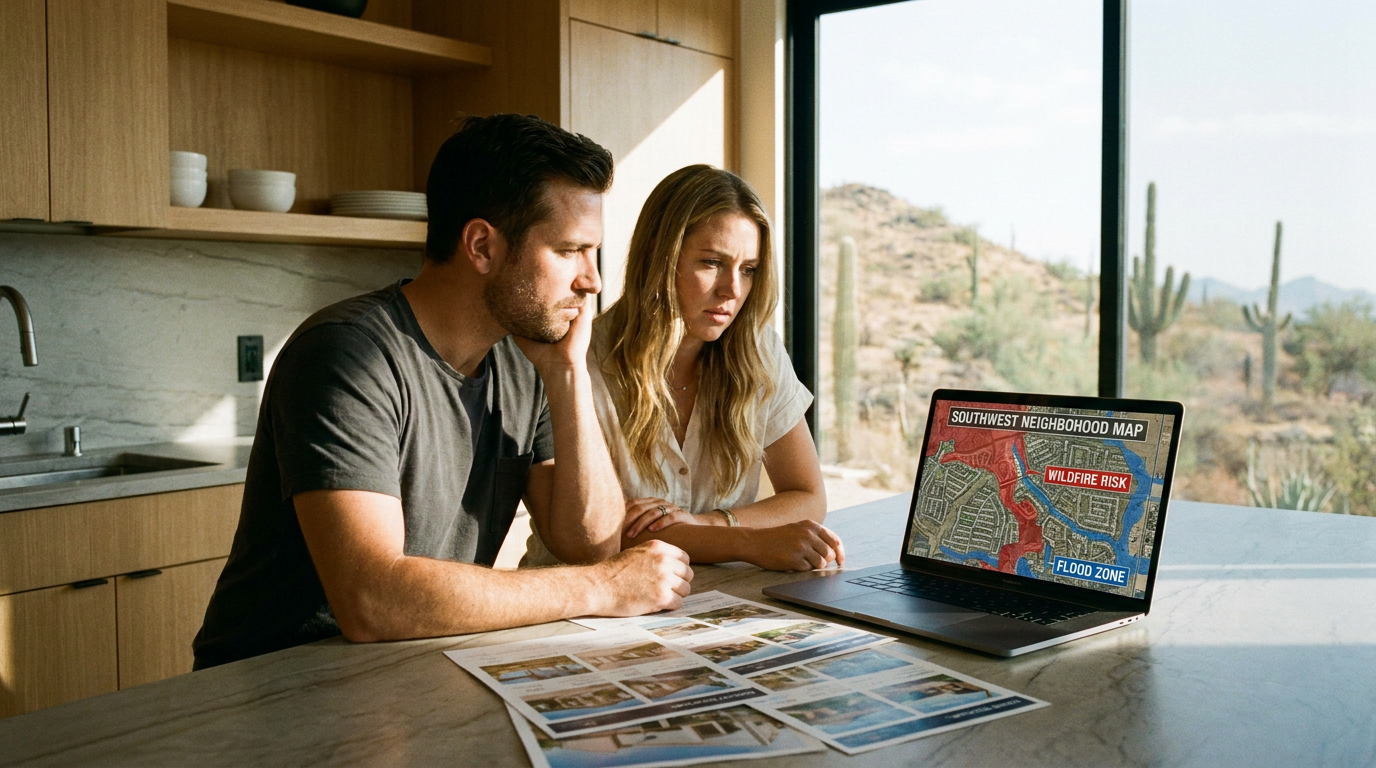 A couple in their 30s sitting at a kitchen table with a laptop and printed home listings, looking co