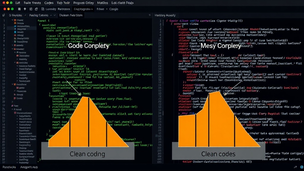 Visual representation comparing code complexity metrics for clean vs. messy codebases.