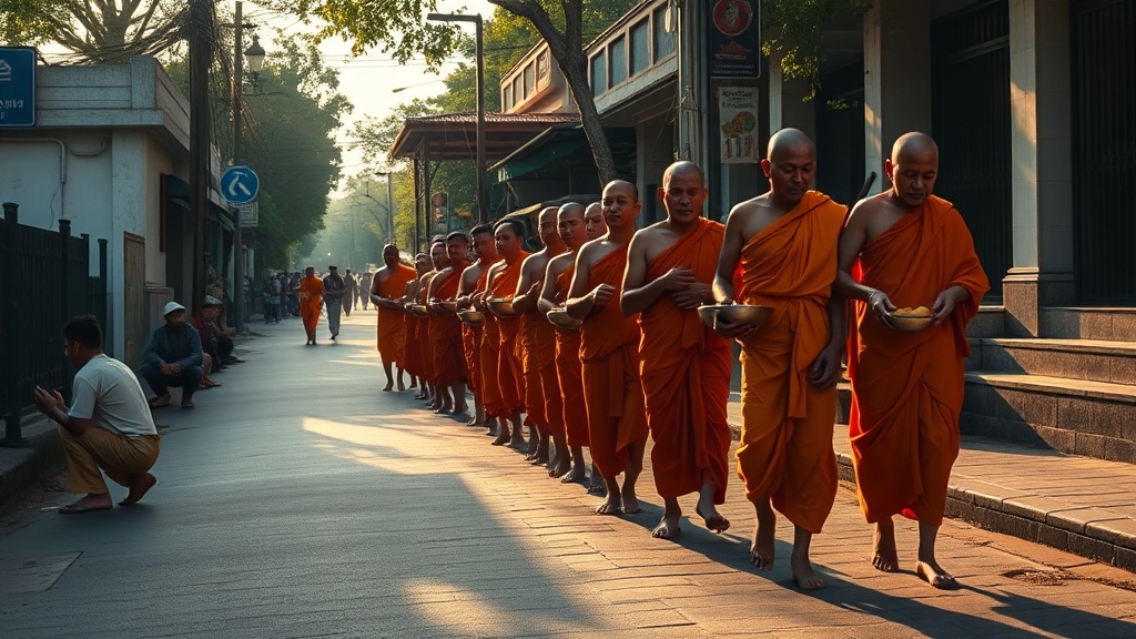 Monks on alms rounds in Southeast Asia receiving food offerings from kneeling laypeople at dawn