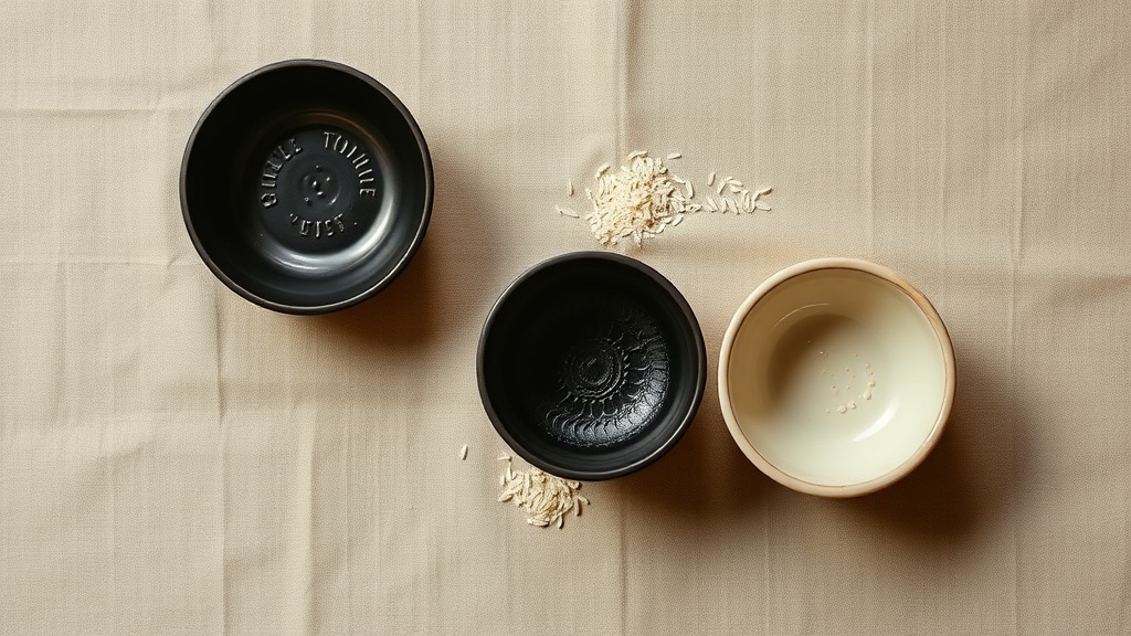 Three Buddhist alms bowls in iron, lacquered wood, and ceramic materials compared side by side