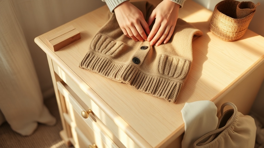 Hands folding a camel cashmere gilet vest for seasonal storage alongside a cedar block