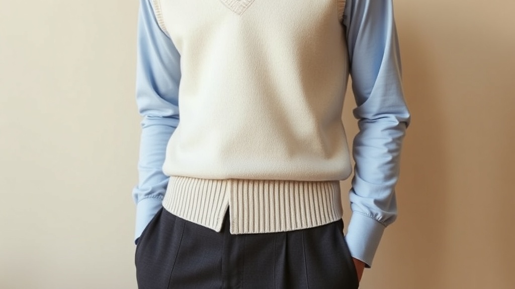 Cream cashmere gilet vest worn over a pale blue oxford shirt with straight-leg charcoal trousers