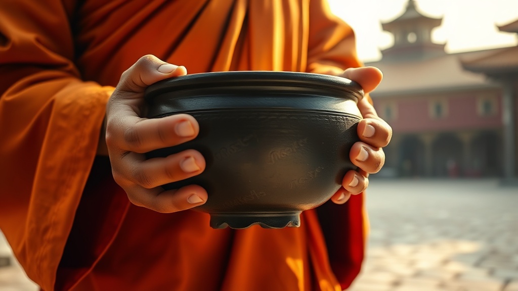 Buddhist monk holding a traditional alms bowl during morning rounds in Southeast Asia