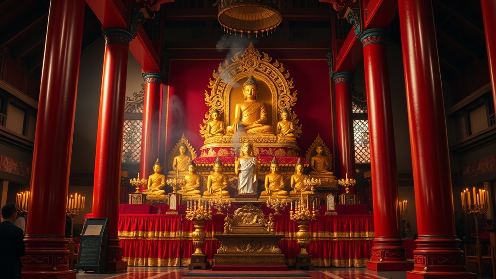 Autel principal du temple Ruilian avec statues dorées et encens allumés sous des draperies de brocart rouge