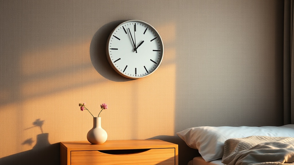 Silent numberless wall clock above a minimalist wooden nightstand in a cosy bedroom with warm evening light