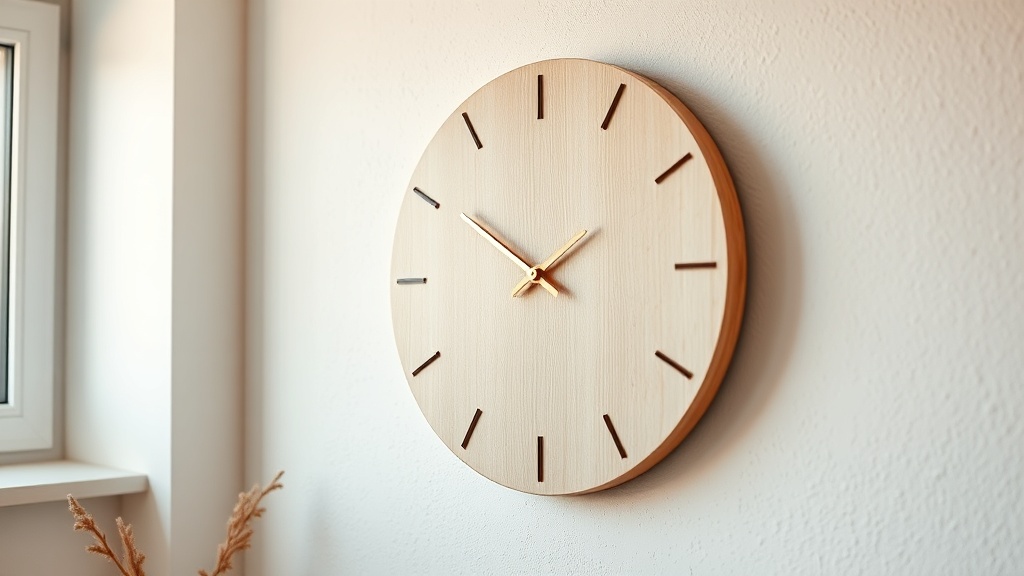 Minimalist numberless wall clock with thin brass hands on pale birch wood dial, Scandinavian interior