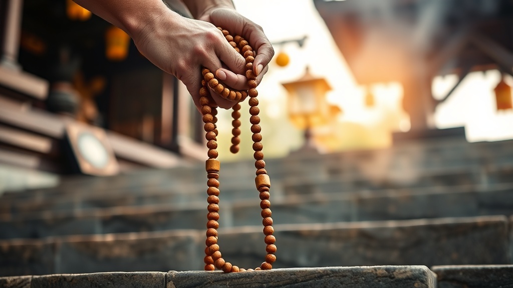 Mains tenant un chapelet mala en bois devant les marches d'un temple bouddhiste taïwanais