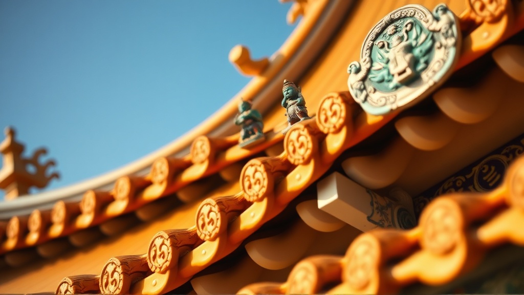 Détail de la faîtière en céramique du temple Ruilian, avec figurines de guerriers et dragons polychromes