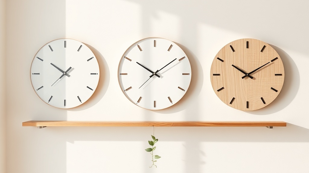 Three types of numberless wall clock dials: dot markers, bare hands-only, and textured wood grain