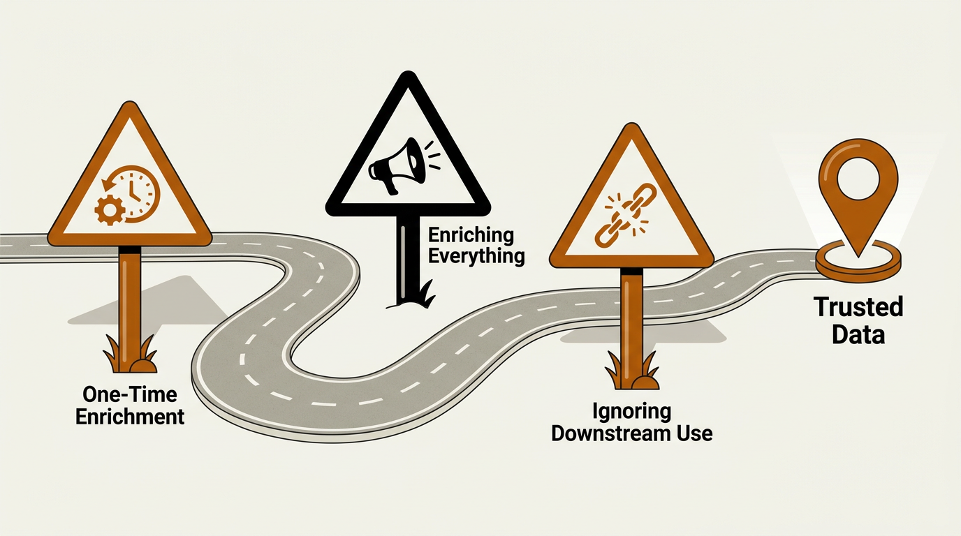 Three data enrichment mistakes illustrated as warning signs on a winding road