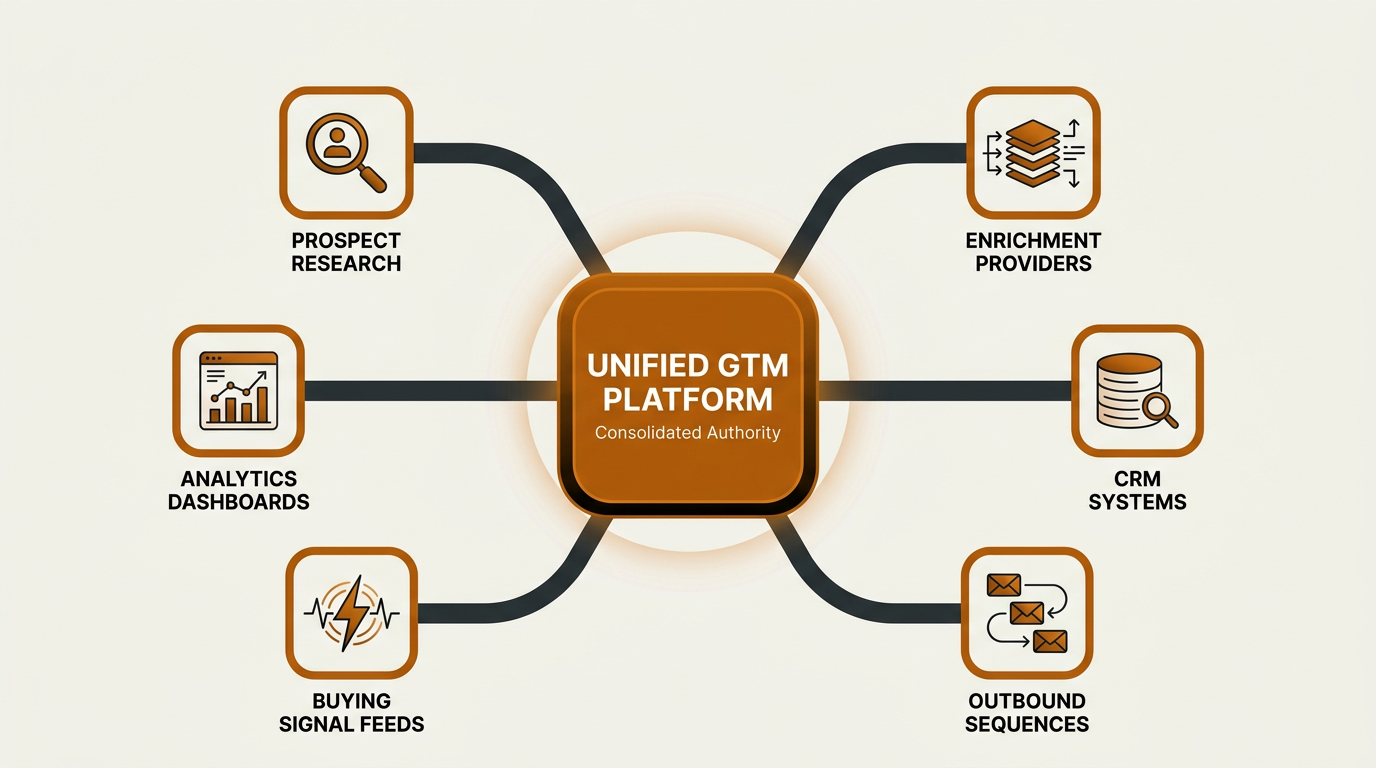 Unified GTM platform hub connecting waterfall enrichment, CRM sync, and buying signals