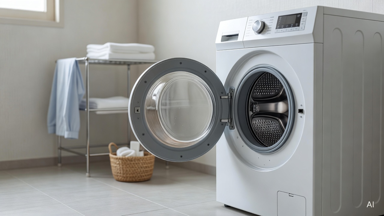 white washing machine drum with open door in a clean laundry room