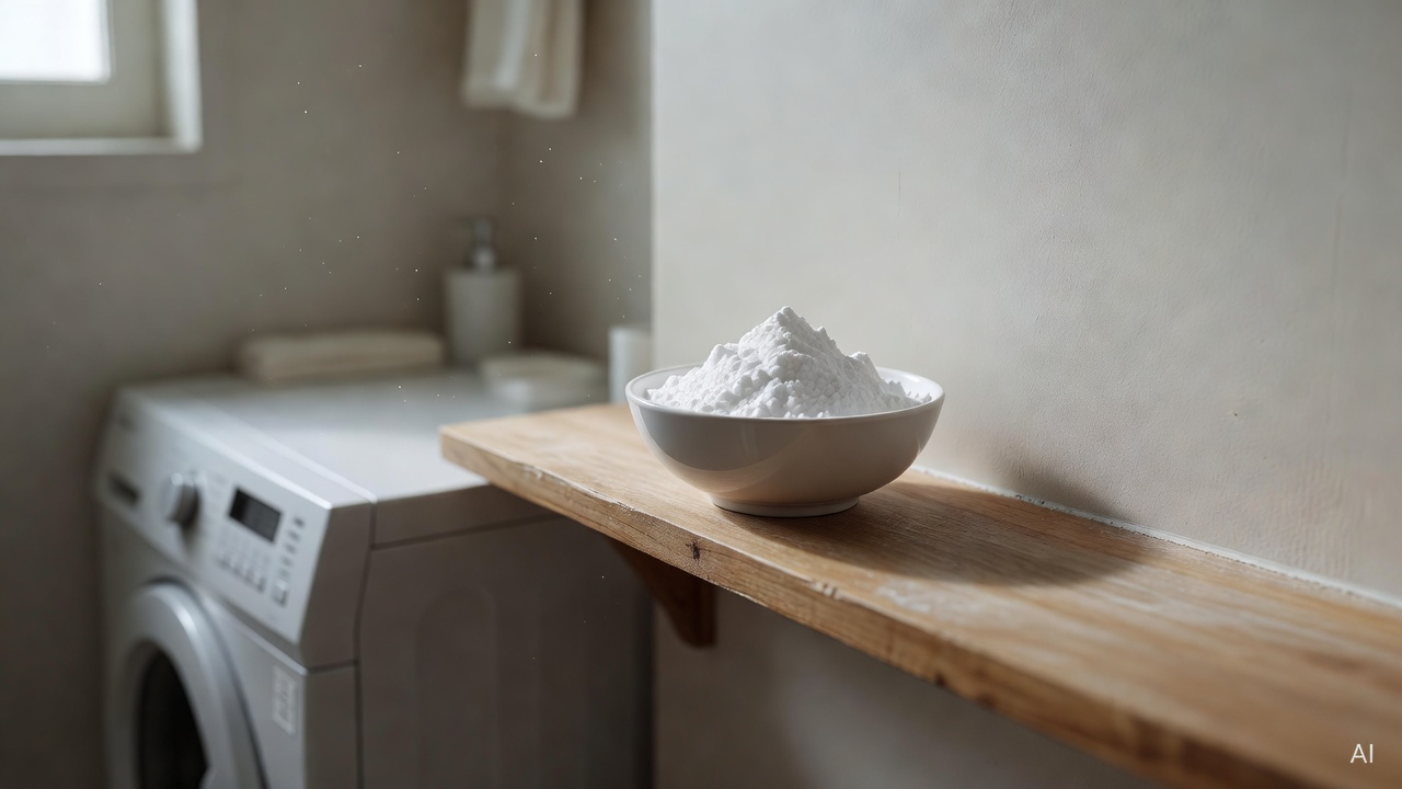 small white bowl of baking soda next to a washing machine on a bathroom shelf