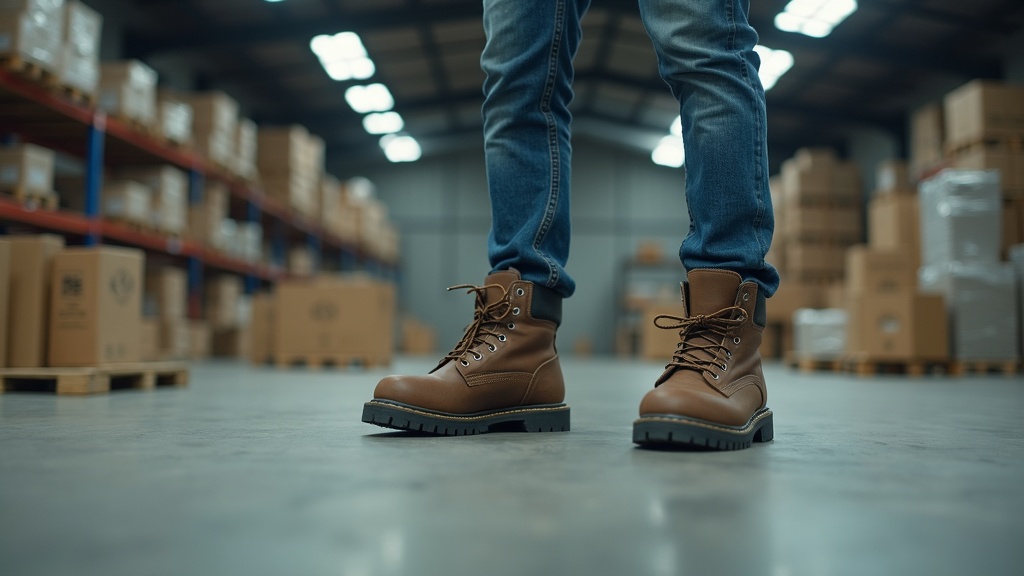 Trabajador de pie todo el día con botas de seguridad y calcetines de trabajo