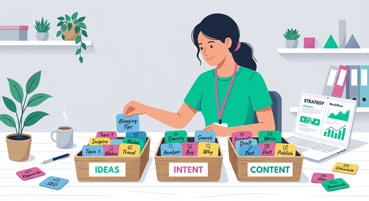 Modern in-content illustration showing a blogger sorting colorful keyword cards into three baskets labeled ideas, intent, ...
