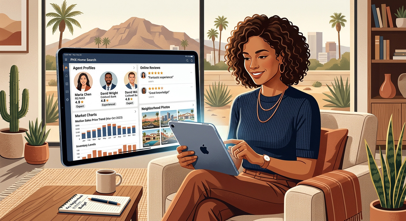 Modern editorial-style illustration of a Phoenix homebuyer comparing agent profiles, online reviews, market charts, and ne...