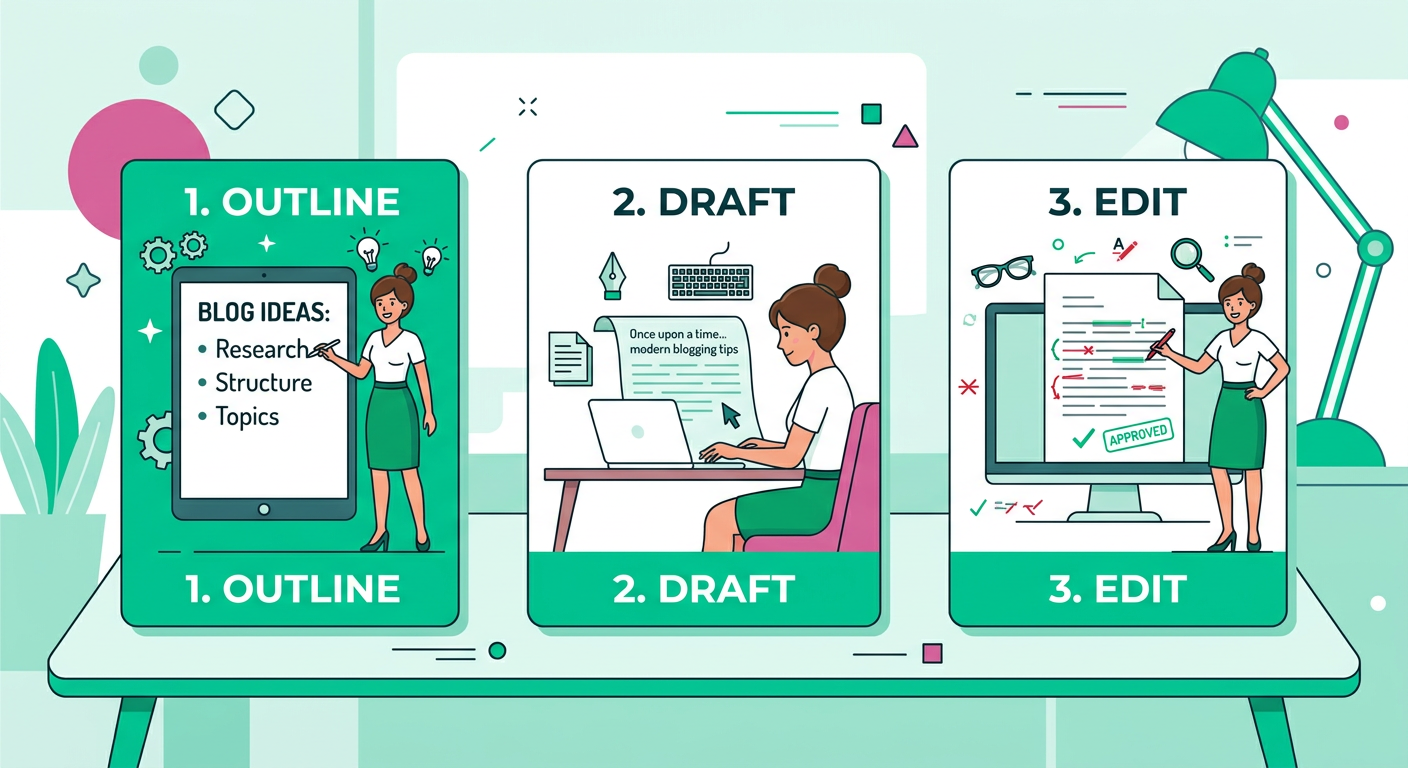 Modern in-content illustration of a blogger moving through three simple stages, outline, draft, edit, shown as clean cards...