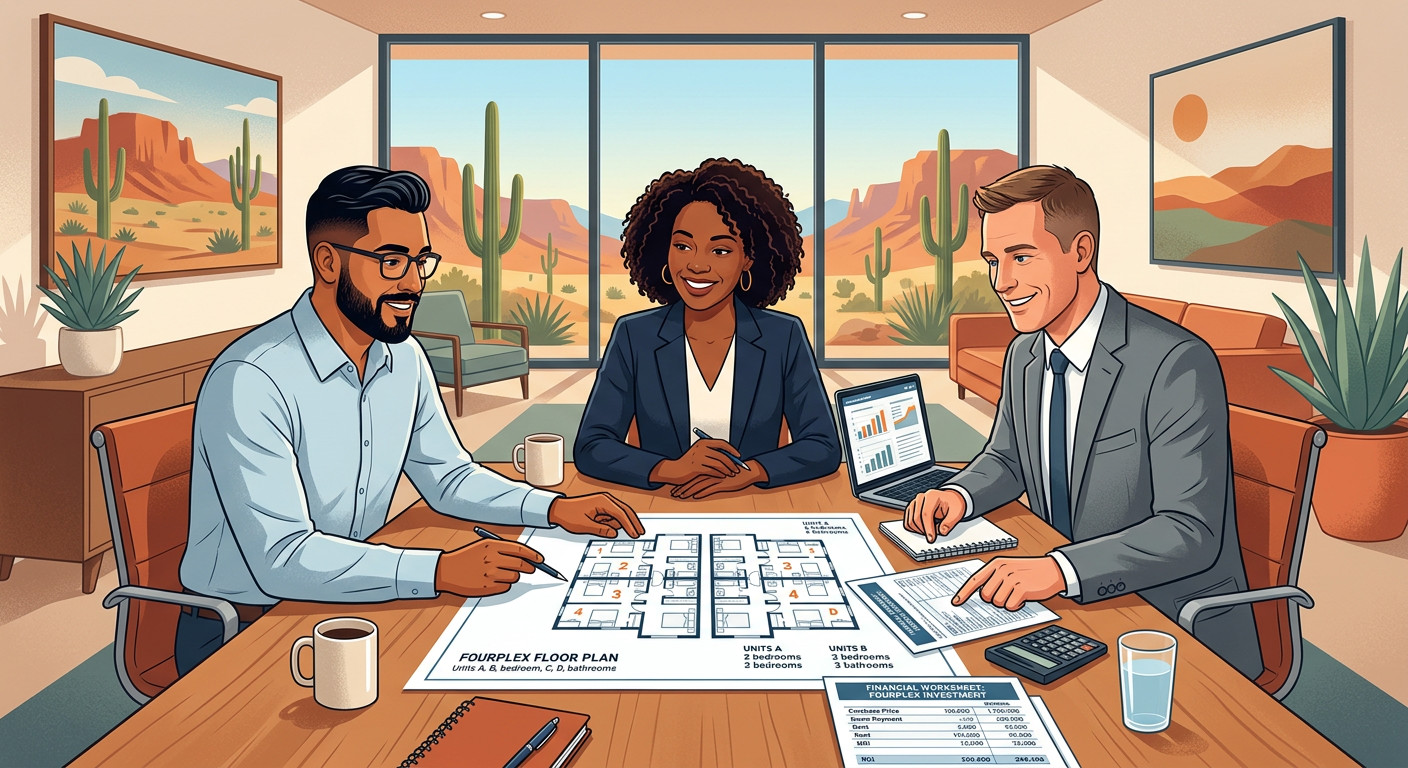 Modern illustrative scene of a buyer, real estate advisor, and lender reviewing a fourplex floor plan and financial worksh...