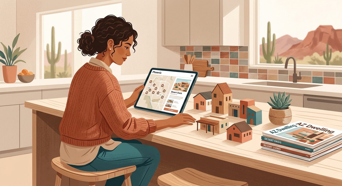 Phoenix Home Price Drops: What Buyers and Sellers Need in 2026 Modern editorial illustration of a Phoenix buyer reviewing home listings on a tablet beside a kitchen counter, with small ...