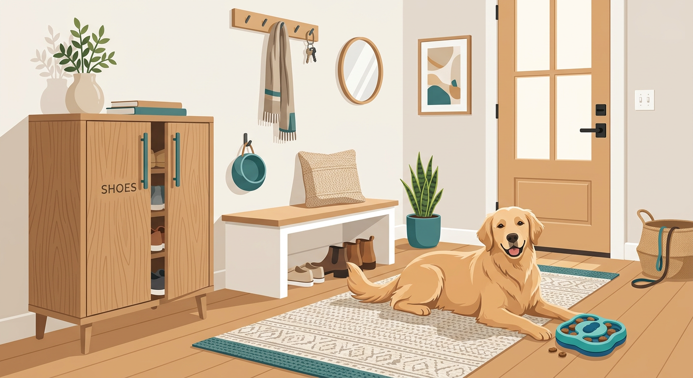 Modern illustration of a dog-safe home entryway with shoes stored in a closed cabinet, a filled puzzle toy on the floor, a...